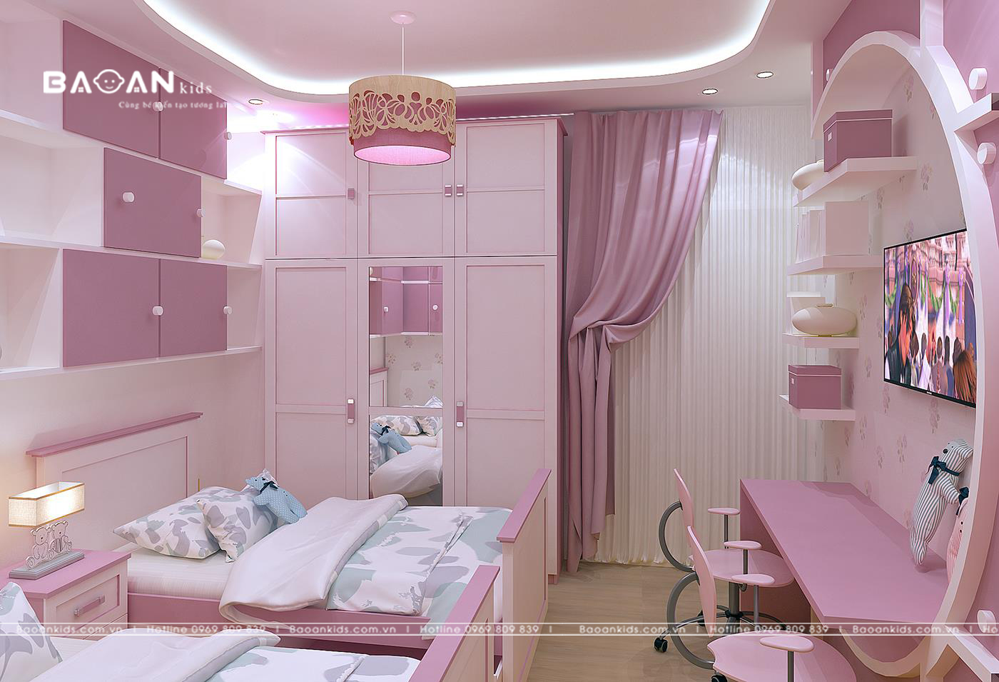 Mẫu phòng ngủ hiện đại gam màu hồng trắng cho các cô bé học trò