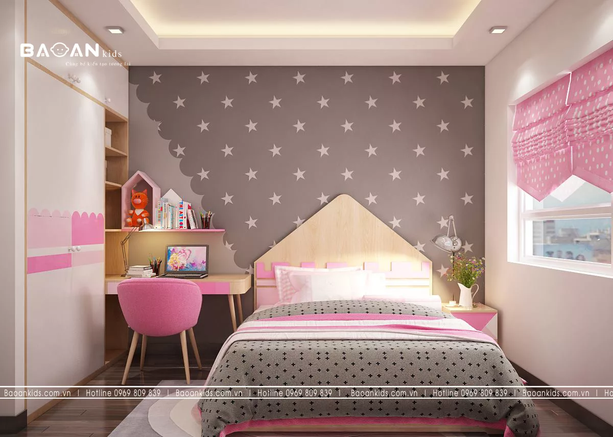 Phòng ngủ đơn giản cho bé gái BG06 | Thiết kế liên hoàn đẹp mắt