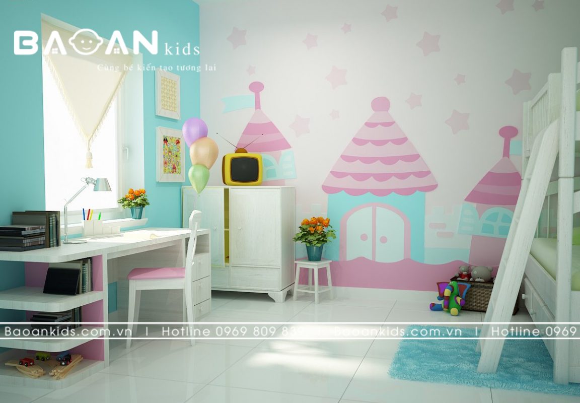 Những bức tường thu hút hơn nhờ các tòa nhà cùng tone màu với đồ nội thất phòng ngủ trẻ em