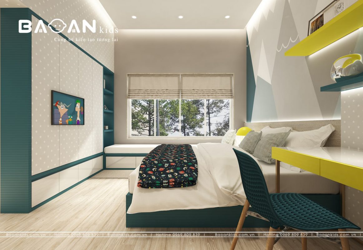  Mẫu 11: Thiết kế nội thất phòng ngủ trẻ em màu xanh trang nhã 