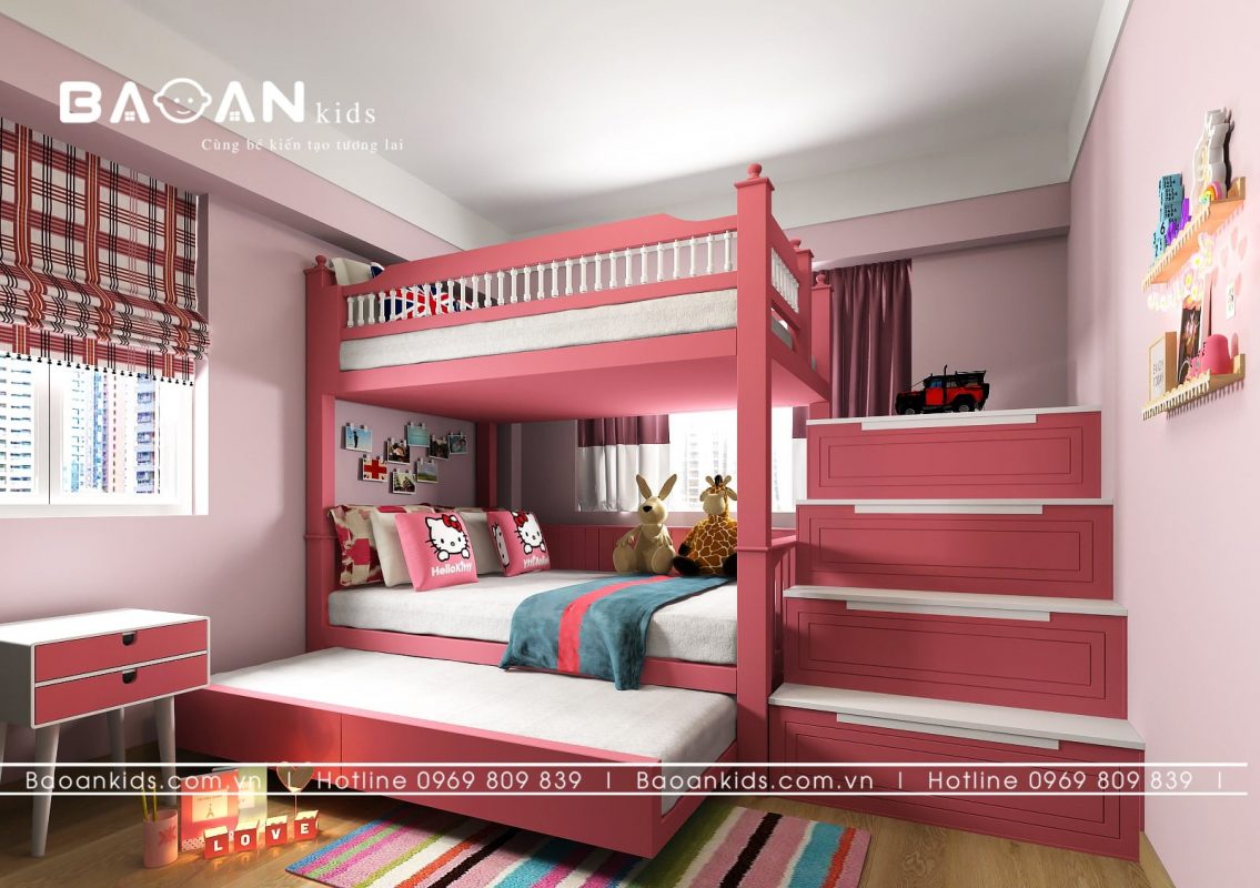  Giường tầng cho bé gái màu hồng dễ thương 