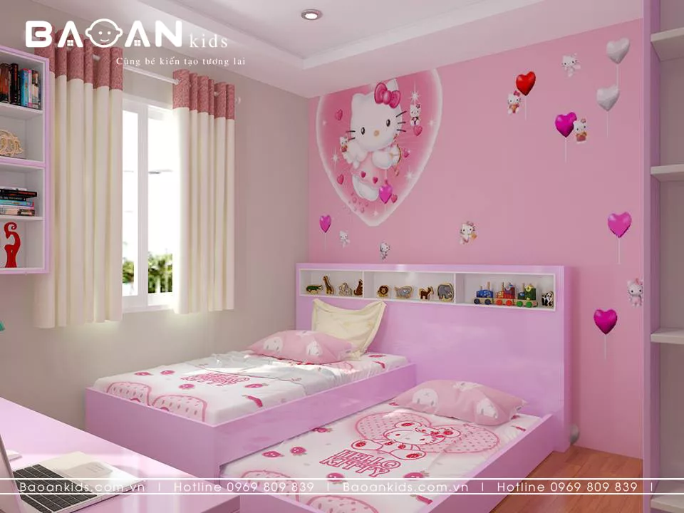 Phòng ngủ bé gái Hello Kitty: Với phòng ngủ bé gái Hello Kitty, bé gái của bạn sẽ có một không gian sống thật sự đáng yêu và ngọt ngào. Từ giường ngủ cho tới tủ đồ, cả phòng đều được thiết kế theo phong cách Hello Kitty, mang lại cho bé gái cảm giác rất tuyệt vời và xinh đẹp.