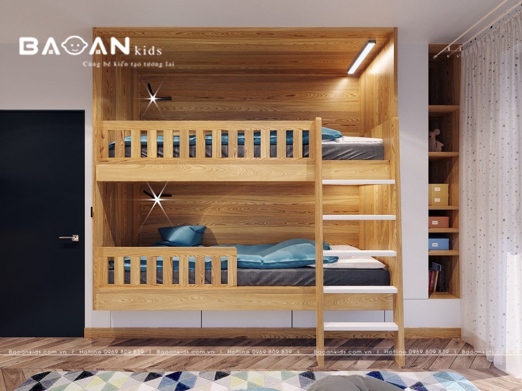 Giường tầng gỗ tự nhiên tích hợp tủ sách gọn gàng