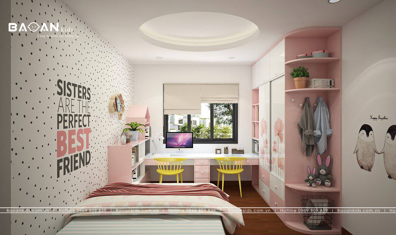 Phòng ngủ cho bé gái màu hồng xinh xắn với hệ bàn học được thiết kế tận dụng nhiều ánh sáng tự nhiên 