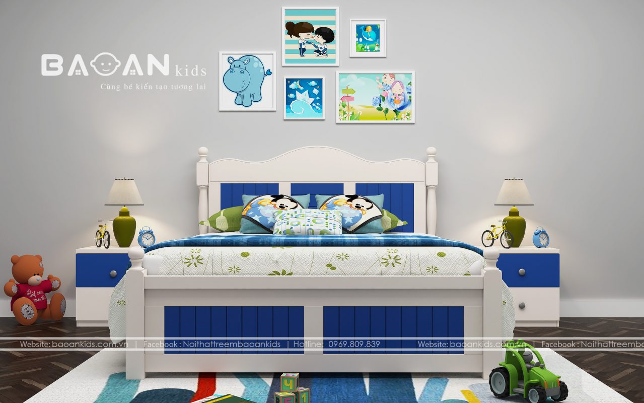 Giường đơn cho bé trai màu xanh cực yêu thiết kế tân cổ điển với thành giường uốn lượn hình sóng và chia thành các khoang màu rõ ràng, ấn tượng.