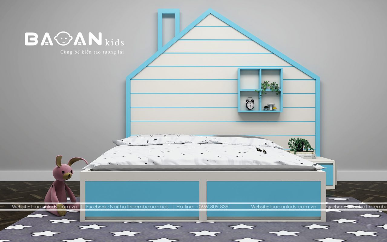 Bạn cũng có thể chọn lựa chính mẫu giường 1m2 cho con trai nhà bạn. Chỉ cần thiết kế giường màu hồng sang giường màu xanh dương như thế này