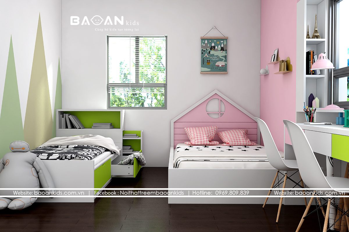 Hai mẫu giường đơn cho bé trai và bé gái thông minh được thiết kế chung trong phòng ngủ của hai bé trai và gái