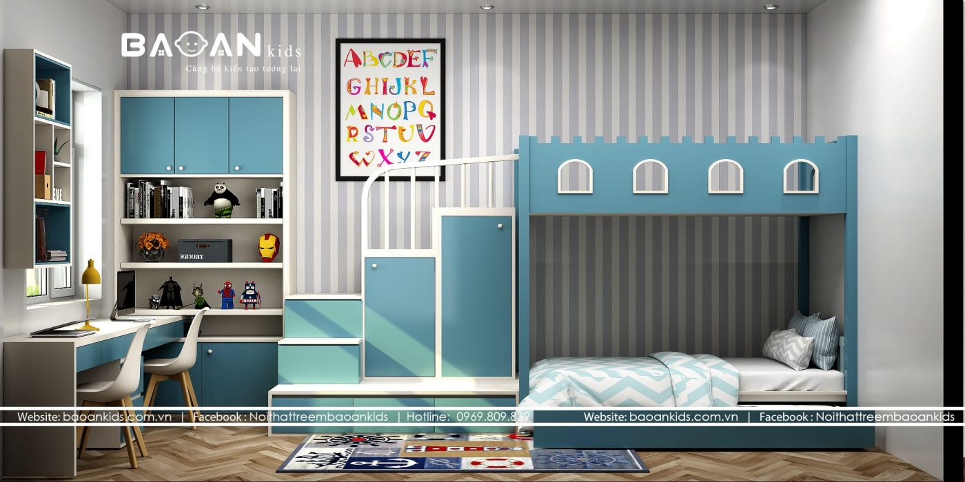 Giường tầng trẻ em Bảo An Kids sử dụng khung gỗ tự nhiên chắc chắn, tăng tuổi thọ của sản phẩm nội thất