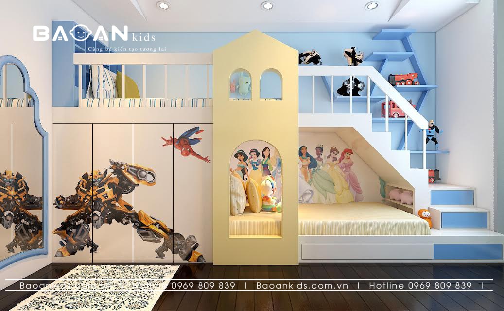 Mẫu giường tầng siêu nhân - thiết kế phòng ngủ trẻ em liên hoàn gọn gàng