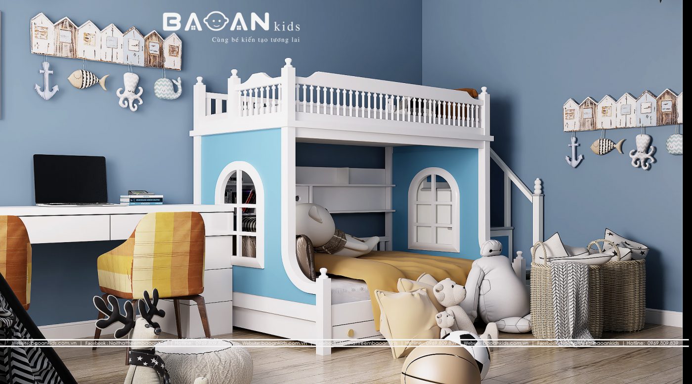 Mẫu giường 2 tầng bằng gỗ màu xanh, thay đổi màu sắc theo yêu cầu của quý khách dễ dàng