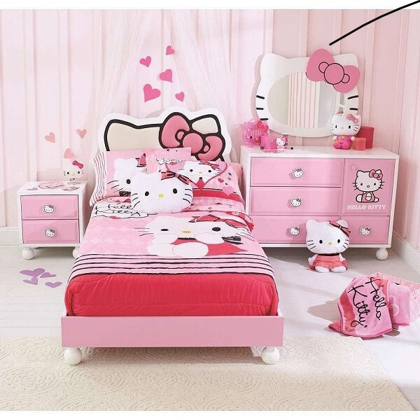 Bộ chăn ga gối đệm đẹp cho phòng ngủ bé gái chủ đề Hello Kitty màu hồng dễ thương