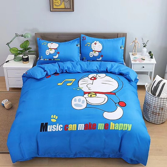 Giường ngủ cho bé trai hình doremon cực dễ thương với bộ chăn ga gối màu xanh dương