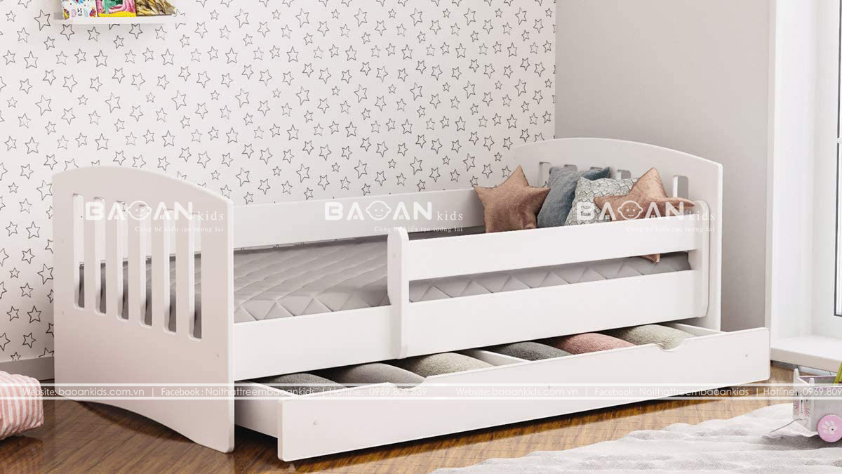 Một mẫu giường đơn cho bé có giường ngăn kéo bên dưới tiện lợi mỗi khi bé có khách đến chơi