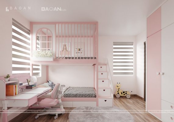 Giường tầng cho bé gái màu hồng GT76
